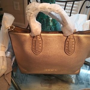 MK Brooklyn Small Metallic Leather Satchel-Pale G